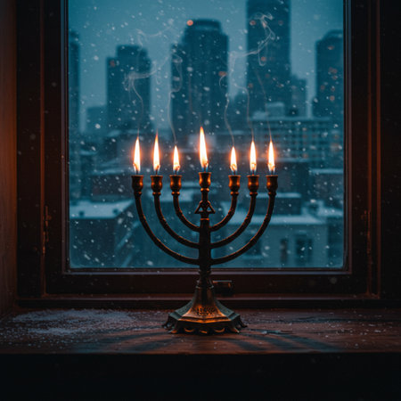 Image of jewish holiday Hanukkah background with menorah (traditional candelabra) and burning candlesの素材