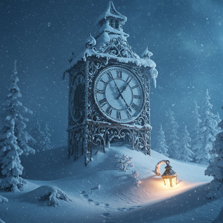 Christmas background with a clock in the winter forest. 3d renderingの素材