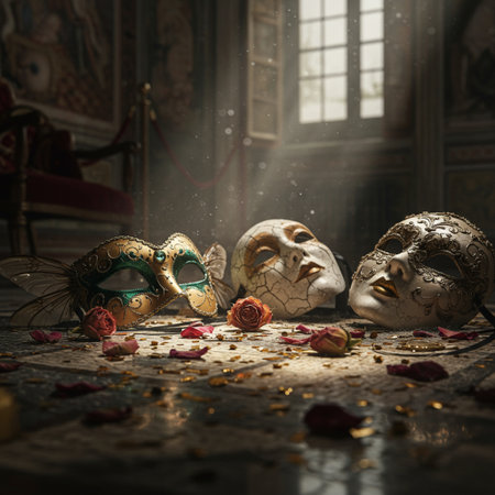 Venetian carnival masks with rose petals on the floorの素材