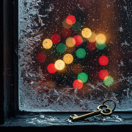 Vintage key on frozen window with bokeh lights. Christmas and New Year conceptの素材