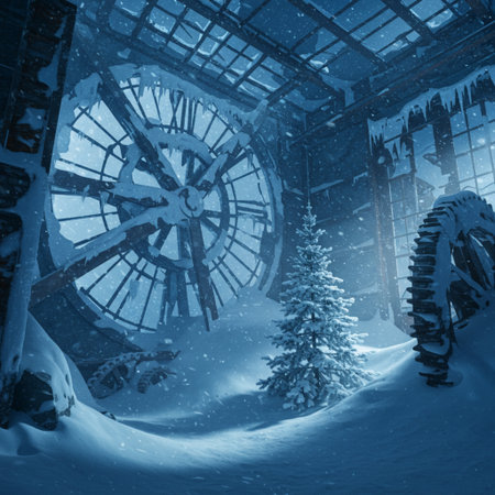 Winter landscape with snowdrifts and old mill in the mountains.の素材