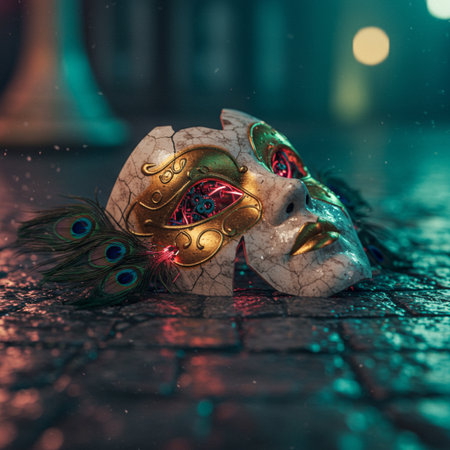 Carnival mask with peacock feathers on cobblestone street at nightの素材