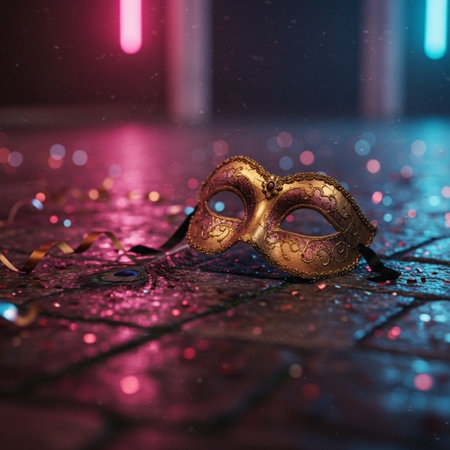 Carnival mask on the floor in front of a colorful lightの素材