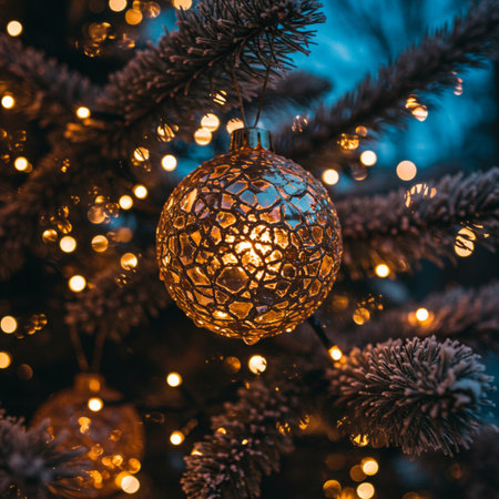 Christmas and New Year holidays background. Decorated Christmas tree with bokeh lightsの素材