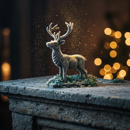 Christmas decoration with reindeer and bokeh lights on backgroundの素材