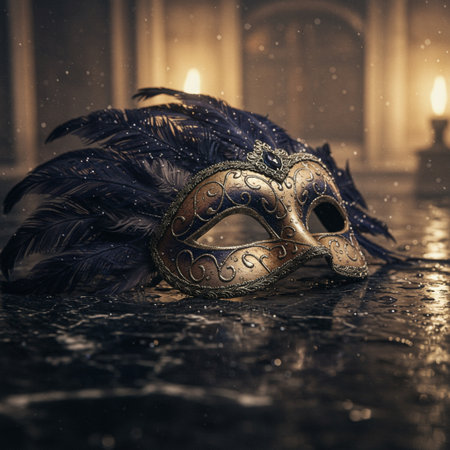 Traditional Venetian carnival mask with feathers on the table.の素材