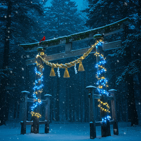 Japanese Shrine in the snow at night. Christmas and New Year concept.の素材