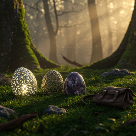 Easter eggs in the forest at dawn. 3d rendering.の素材