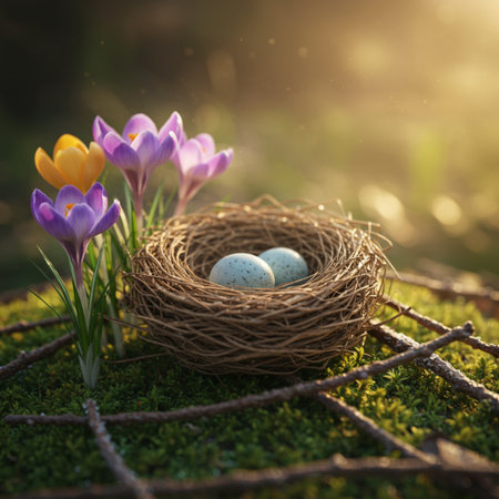Easter eggs in nest with crocuses and crocus flowersの素材