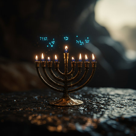 Image of jewish holiday Hanukkah background with menorah (traditional candelabra) and burning candlesの素材