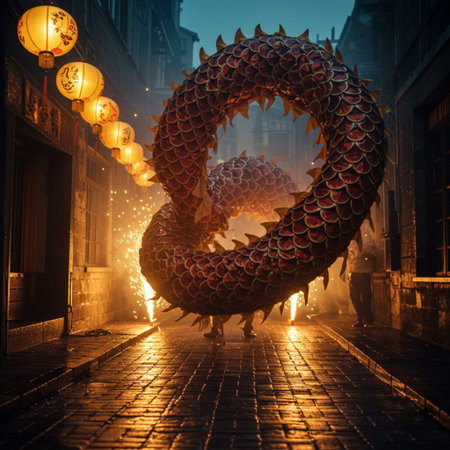 Dragon in the streets of Paris, France at night. Conceptual imageの素材
