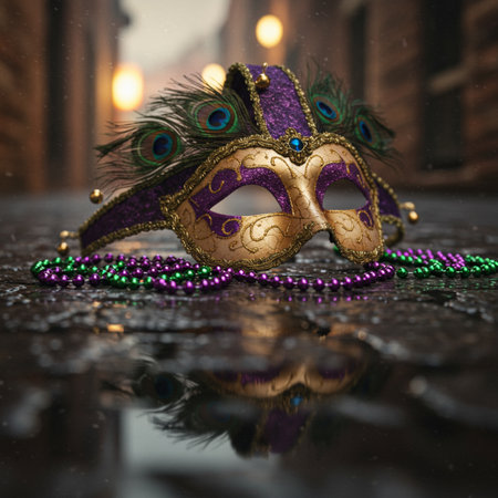 Venetian carnival mask with feathers and beads on the dark backgroundの素材