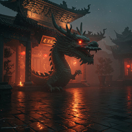Dragon statue in the Chinese temple at night,3d rendering.の素材