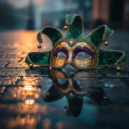Traditional venetian carnival mask with reflection on wet pavement.の素材