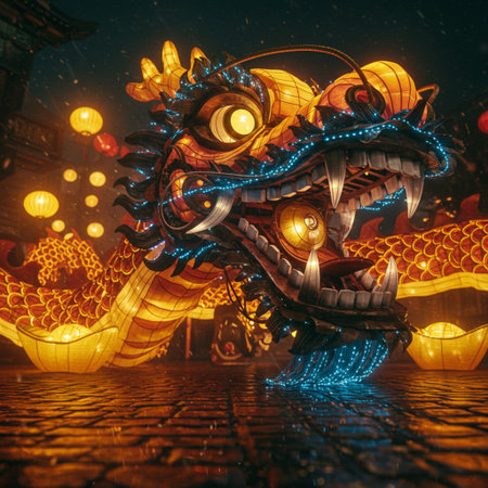 Chinese dragon lanterns in the night city. Chinese lanterns.の素材