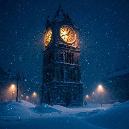 Old clock tower at night in Prague, Czech Republic. Snowfall.の素材