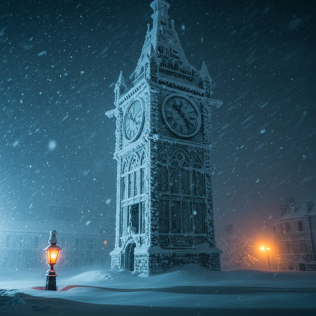 Big Ben Clock Tower in winter snowfall, London, UK.の素材