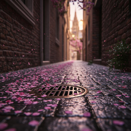 Old street with rose petals and church tower in the background.の素材