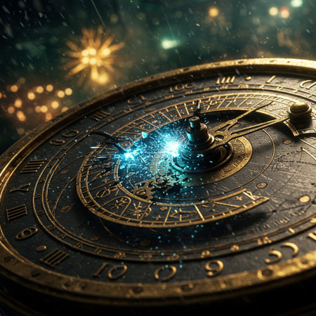 Vintage clock with firework on dark background. 3D renderingの素材