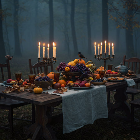 Autumn still life with fruits and candles in the dark forest.の素材