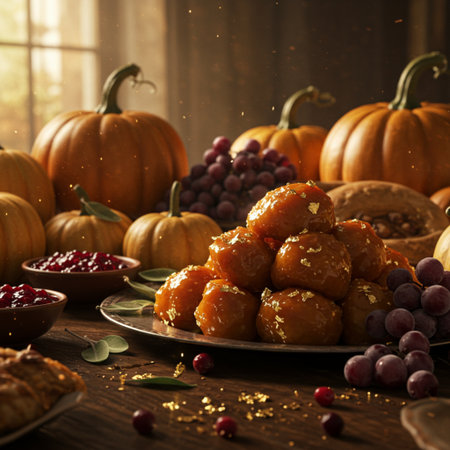 Pumpkin candies with cranberry sauce on rustic tableの素材