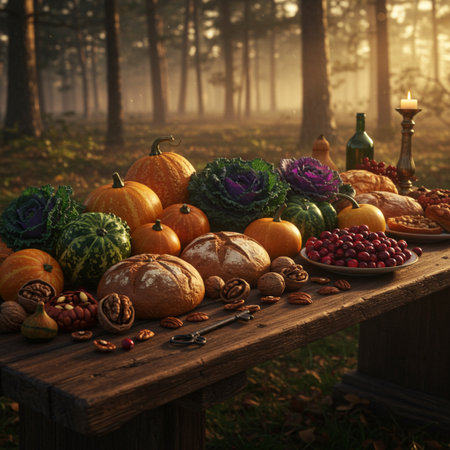 Autumn still life with pumpkins, apples, walnuts, cranberries, hazelnuts and spices on a wooden table.の素材