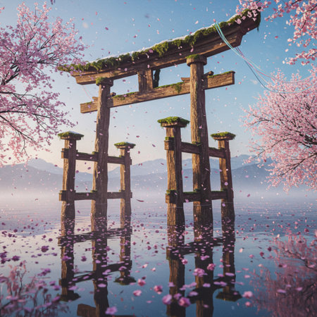 Beautiful japanese gate with cherry blossom in lake.の素材