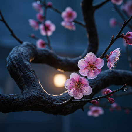 cherry blossom tree in the garden at night with moonlightの素材