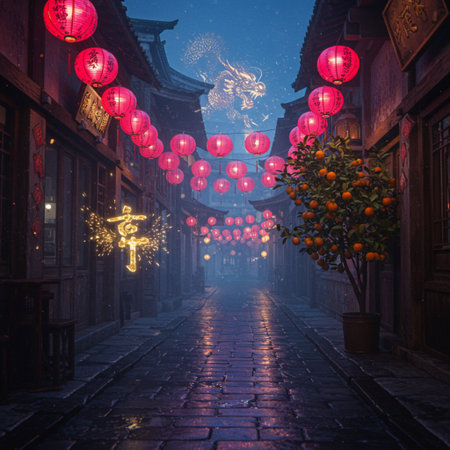 Chinese street at night with red lanterns and mandarin oranges.の素材
