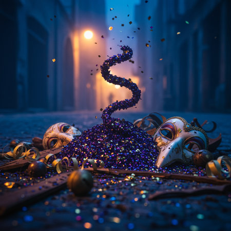 Carnival mask and golden confetti on the street at night.の素材