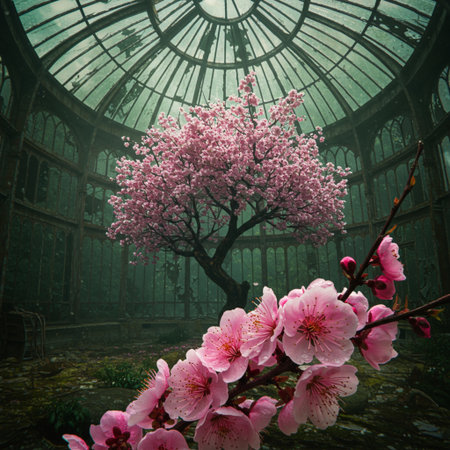 Beautiful pink cherry blossoms in an old greenhouse. 3D renderingの素材