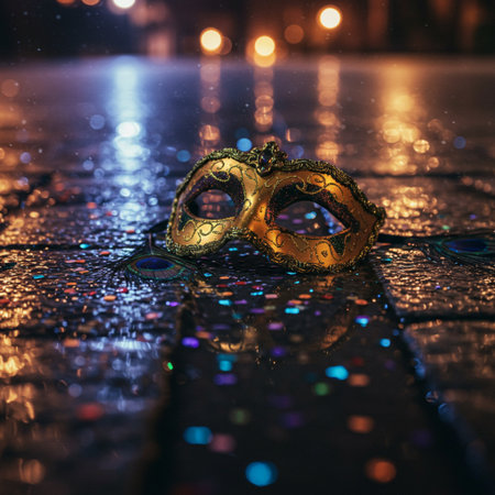 Golden Venetian carnival mask on a wet city street.の素材