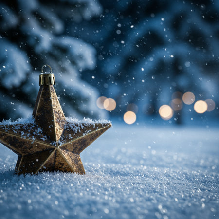 Christmas decoration on snow with bokeh background. Christmas greeting card.の素材