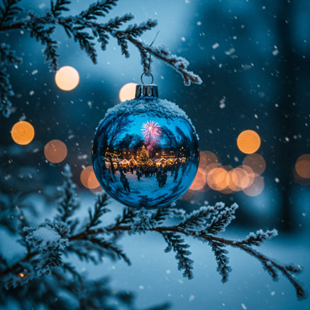 Christmas and New Year holidays background. Christmas tree decorations on the background of a snowy winter landscape.の素材