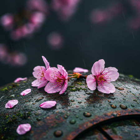 cherry blossom sakura flower with rain drops on old stoneの素材