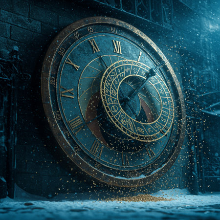 3D rendering of an old clock in a dark room with snowの素材