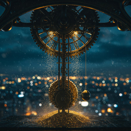 Vintage clock with golden hourglass and night city view. Time management conceptの素材
