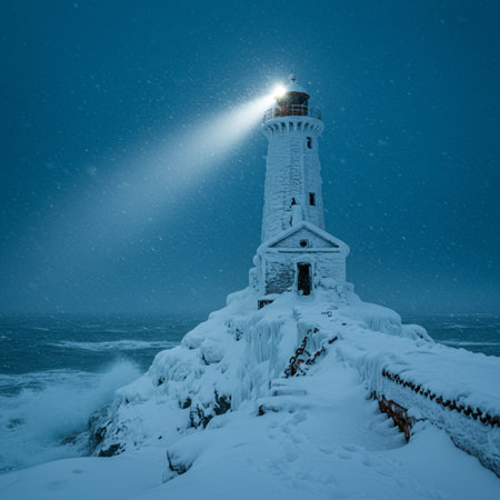Snowy lighthouse on a cold winter night in the north of Englandの素材