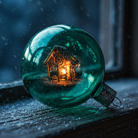 Glass Christmas ball with a glowing house inside on a windowsill.の素材
