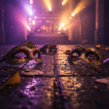Traditional Venetian carnival masks on the street at night.の素材