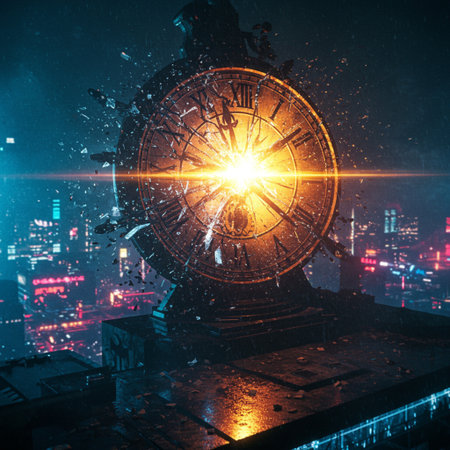 Clock and city at night. Time concept. 3D Renderingの素材