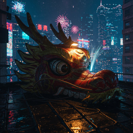 Chinese dragon statue in the city at night, closeup of photoの素材