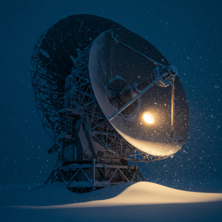 satellite dish in the snow at night (3d render)の素材