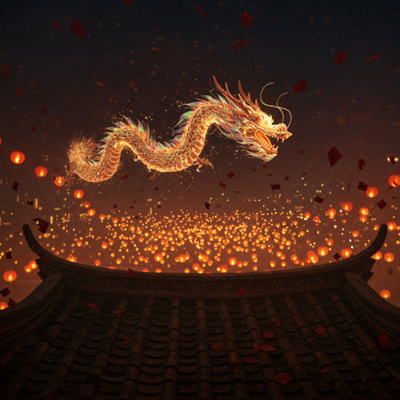 Dragon on the roof of a Chinese temple in the night,3d renderの素材