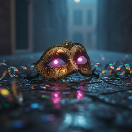 Carnival mask with confetti on the floor at night.の素材