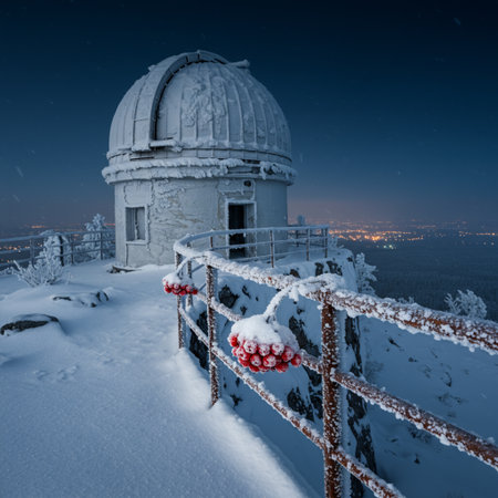 Astronomical observatory in the mountains at night. Winter landscape.の素材