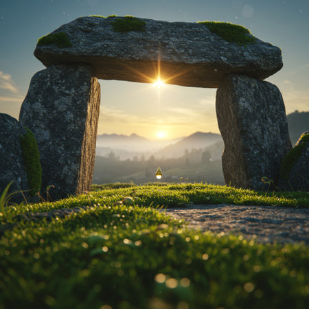 Stonehenge in the morning light at sunrise with sun rays and lens flareの素材