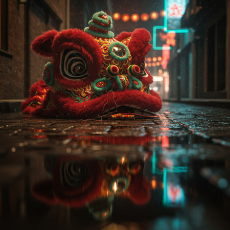 Chinese lion dance in the street at night, Chengdu, Chinaの素材