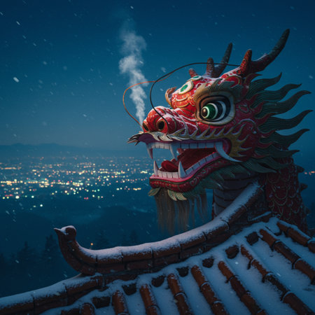 Chinese dragon statue on the roof of the Buddhist temple in the nightの素材