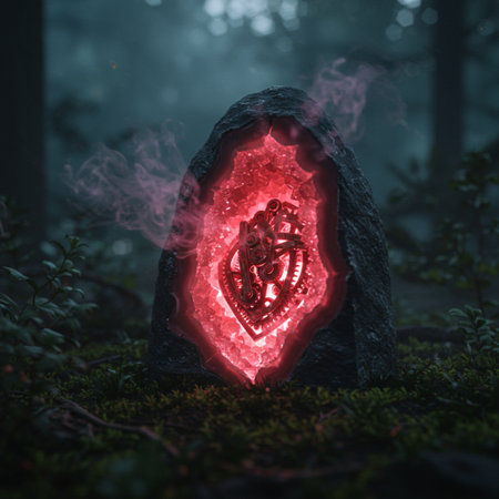 Grave stone in the forest at night with a glowing red heart. Halloween concept.の素材